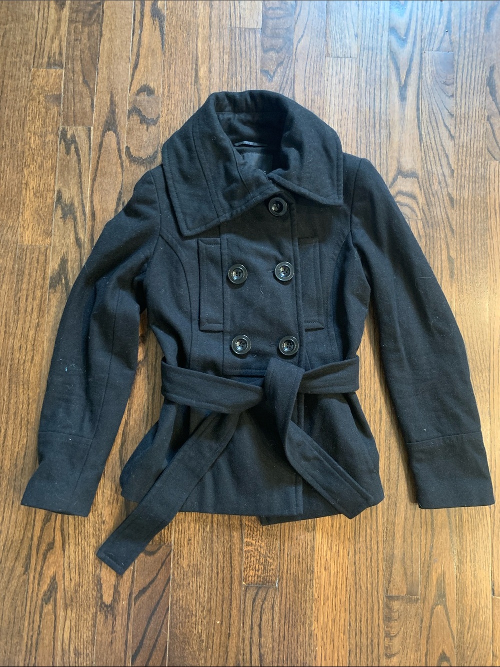 Vintage Y2K Zara Basic Black Wool Belted Peacoat Jacket
